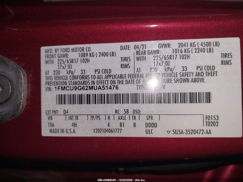 2021 Ford Escape Se VIN: 1FMCU9G62MUA51476 Lot: 43966348