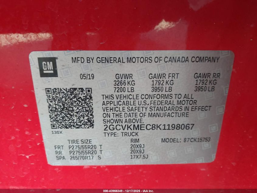 2019 Chevrolet Silverado 1500 Ld Silverado Custom VIN: 2GCVKMEC8K1198067 Lot: 43966349