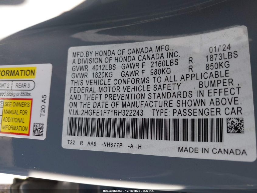2024 Honda Civic Ex VIN: 2HGFE1F71RH322243 Lot: 43966350