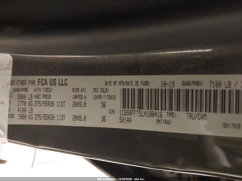 2020 Ram 1500 Big Horn VIN: 1C6SRFFT5LN180416 Lot: 43966354