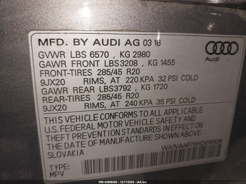 2017 Audi Q7 3.0T Premium VIN: WA1VAAF73HD010436 Lot: 43966358