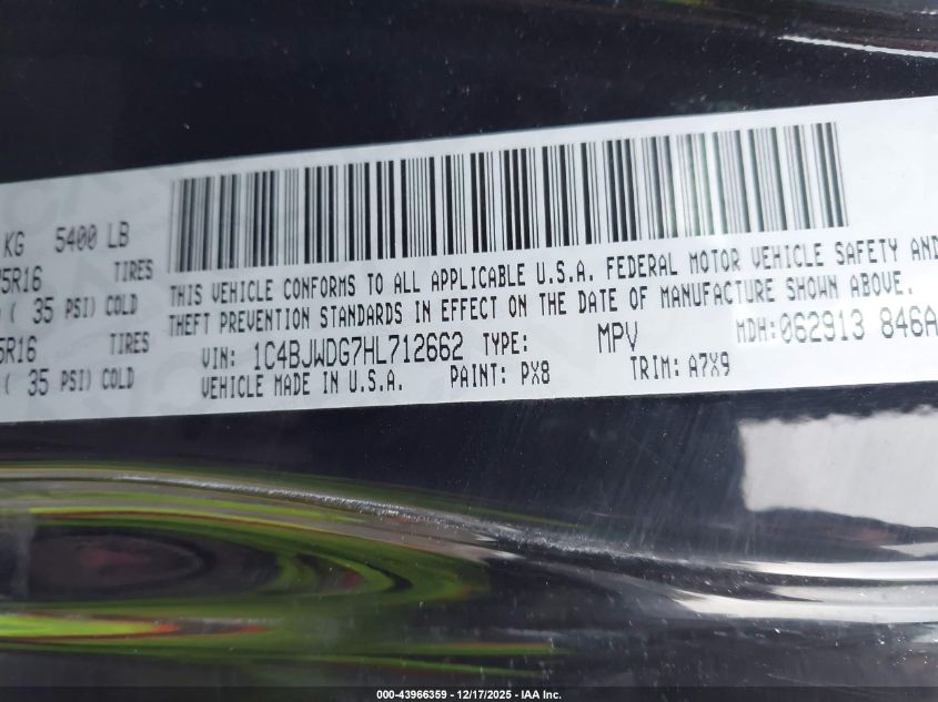 2017 Jeep Wrangler Unlimited Sport 4X4 VIN: 1C4BJWDG7HL712662 Lot: 43966359