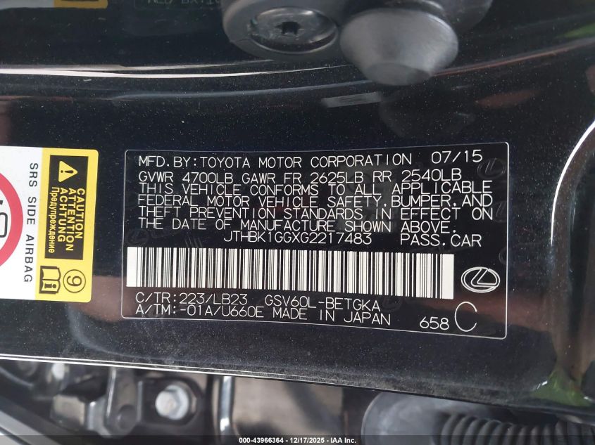 2016 Lexus Es 350 VIN: JTHBK1GGXG2217483 Lot: 43966364