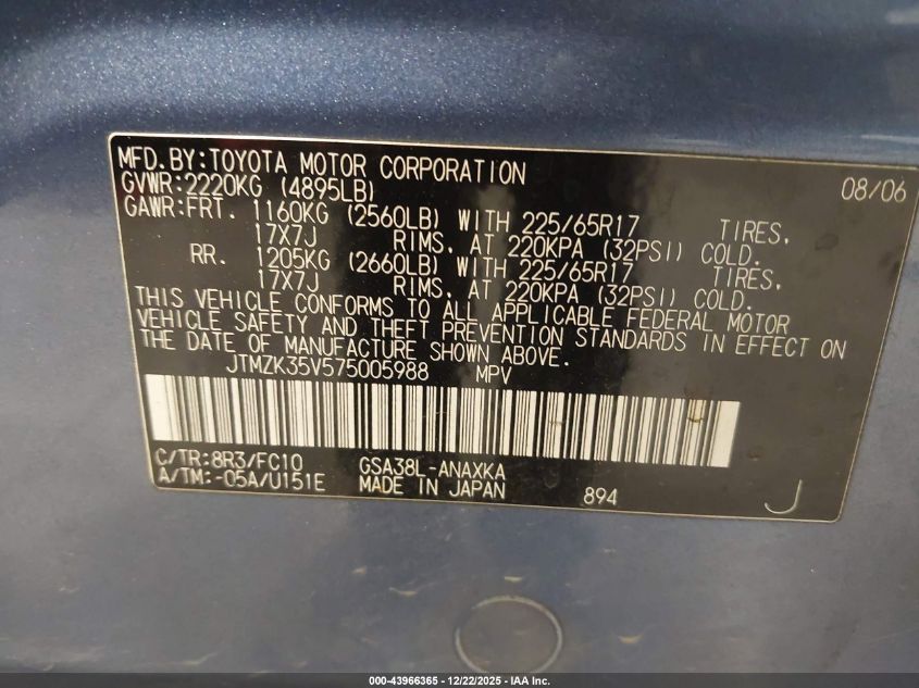 2007 Toyota Rav4 Base V6 VIN: JTMZK35V575005988 Lot: 43966365