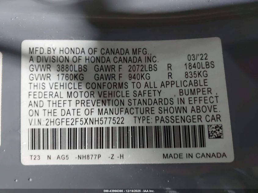 2022 Honda Civic Sport VIN: 2HGFE2F5XNH577522 Lot: 43966366