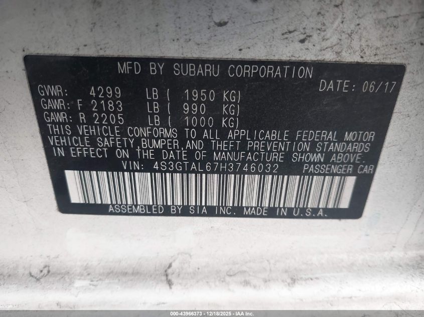 2017 Subaru Impreza 2.0I Sport VIN: 4S3GTAL67H3746032 Lot: 43966373
