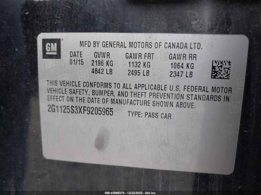 2015 Chevrolet Impala 2Lt VIN: 2G1125S3XF9205965 Lot: 43966375