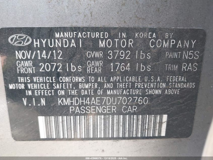 2013 Hyundai Elantra Gls VIN: KMHDH4AE7DU702760 Lot: 43966376