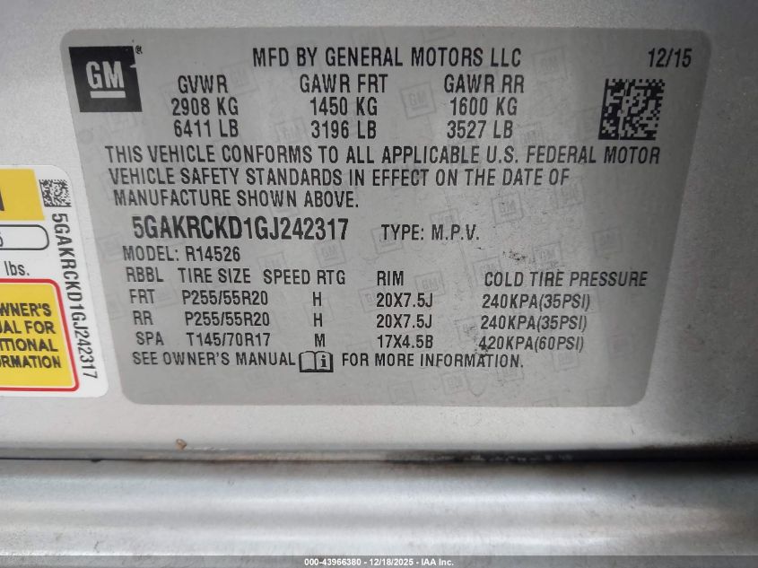 2016 Buick Enclave Premium VIN: 5GAKRCKD1GJ242317 Lot: 43966380