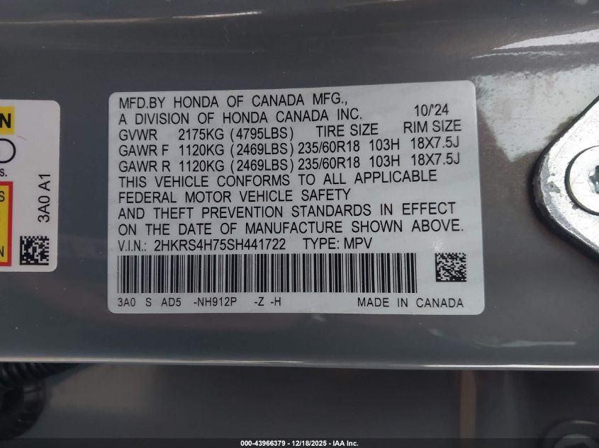2025 Honda Cr-V Ex-L Awd VIN: 2HKRS4H75SH441722 Lot: 43966379