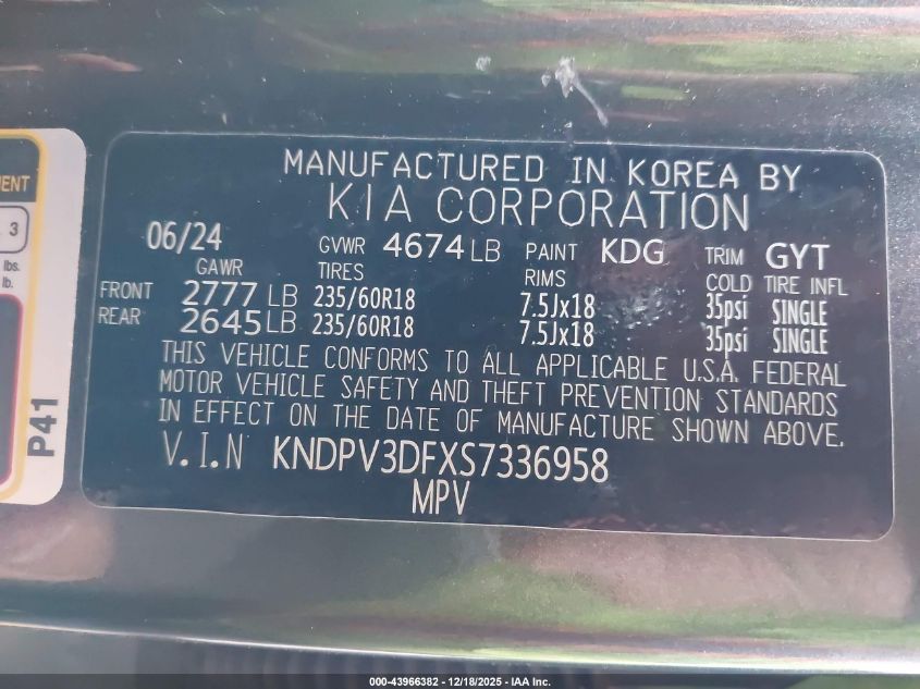 2025 Kia Sportage Ex VIN: KNDPV3DFXS7336958 Lot: 43966382