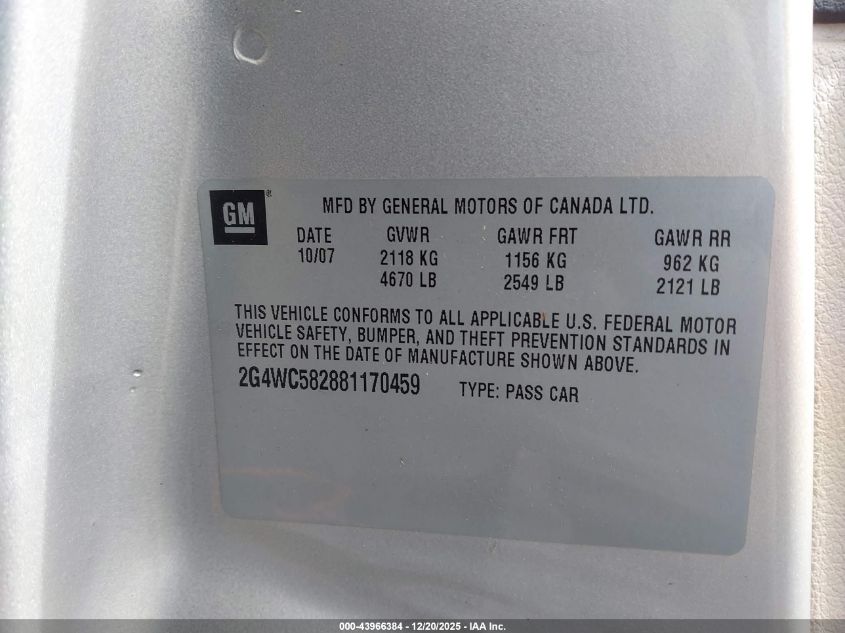 2008 Buick Lacrosse Cx VIN: 2G4WC582881170459 Lot: 43966384