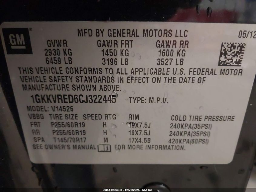 2012 GMC Acadia Slt-1 VIN: 1GKKVRED6CJ322445 Lot: 43966388