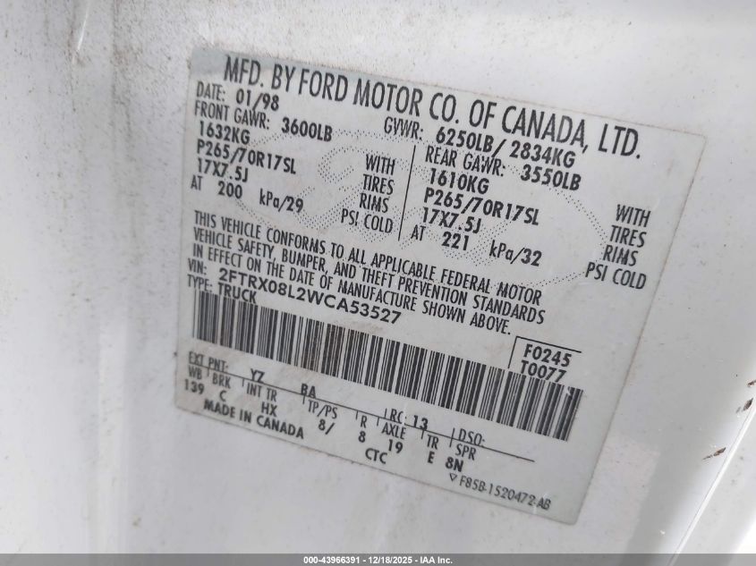 1998 Ford F-150 Lariat/Xl/Xlt VIN: 2FTRX08L2WCA53527 Lot: 43966391