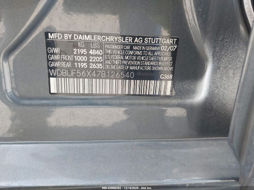 2007 Mercedes-Benz E 350 VIN: WDBUF56X47B126540 Lot: 43966392