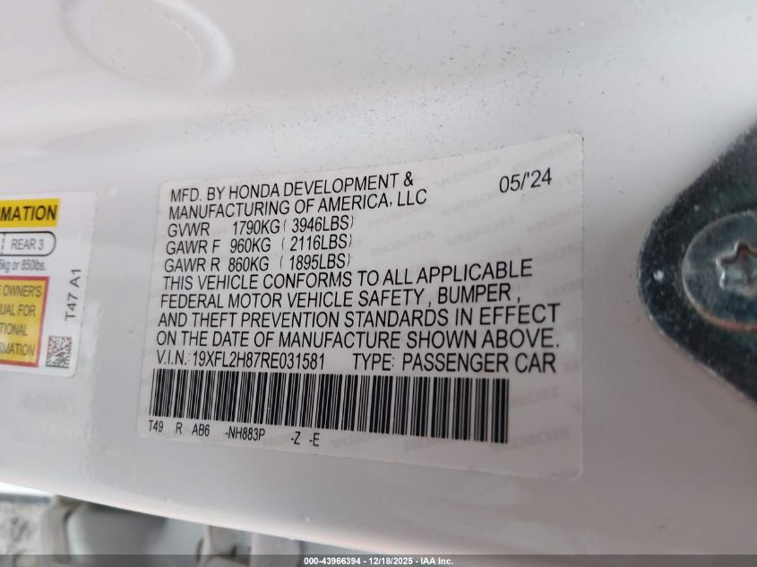 2024 Honda Civic Sport VIN: 19XFL2H87RE031581 Lot: 43966394