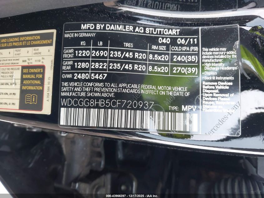 2012 Mercedes-Benz Glk 350 4Matic VIN: WDCGG8HB5CF720937 Lot: 43966397