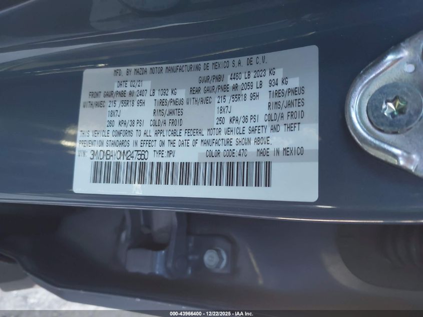 2021 Mazda Cx-30 2.5 Turbo VIN: 3MVDMBAY0MM247560 Lot: 43966400