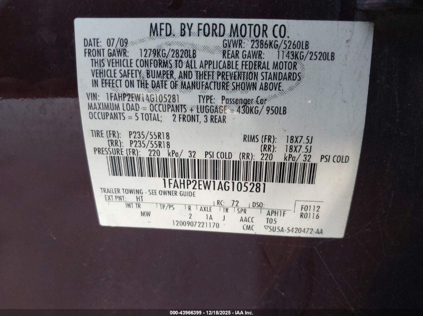 2010 Ford Taurus Sel VIN: 1FAHP2EW1AG105281 Lot: 43966399