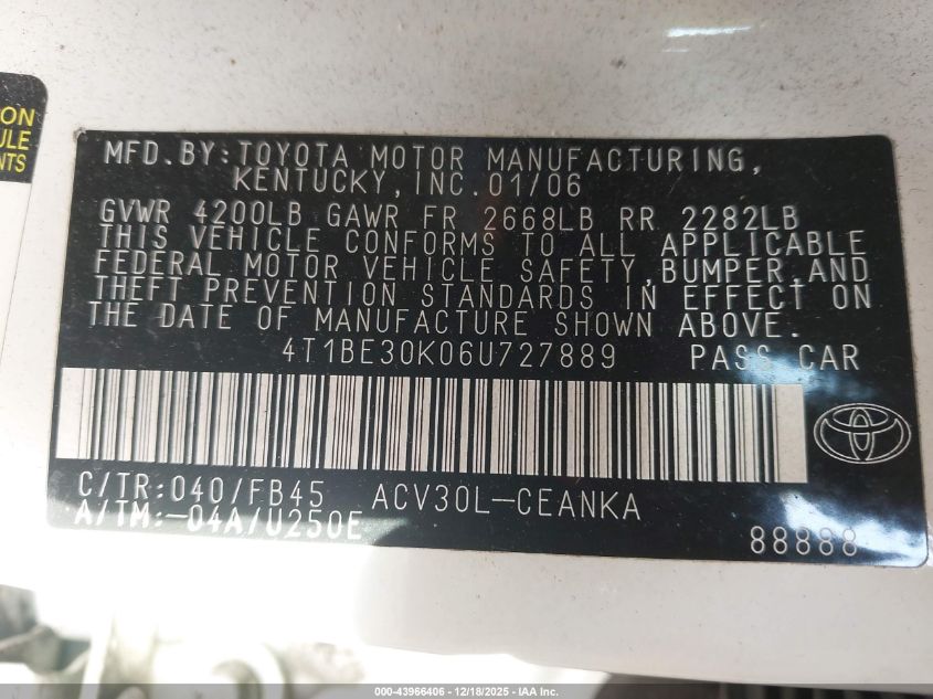 2006 Toyota Camry Le VIN: 4T1BE30K06U727889 Lot: 43966406