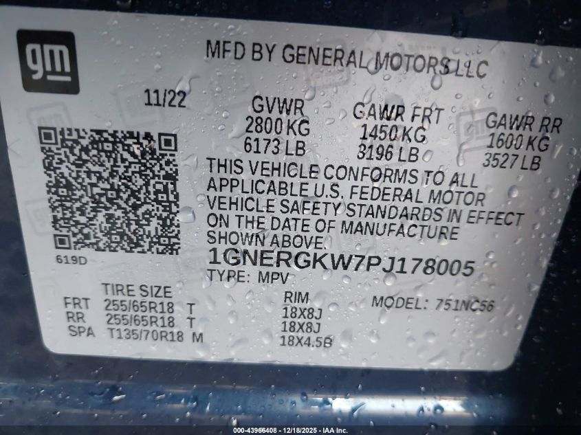 2023 Chevrolet Traverse Fwd Lt Cloth VIN: 1GNERGKW7PJ178005 Lot: 43966408