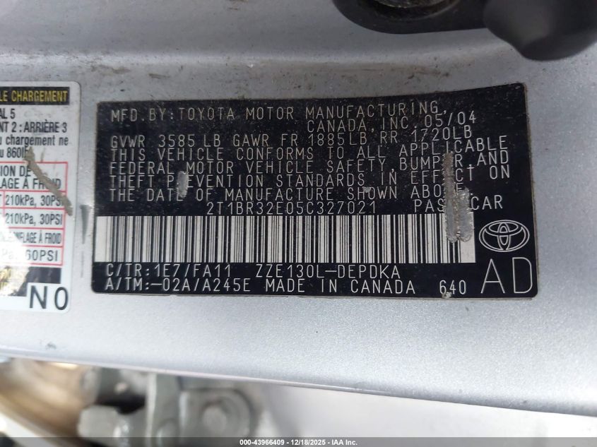 2005 Toyota Corolla Ce VIN: 2T1BR32E05C327021 Lot: 43966409