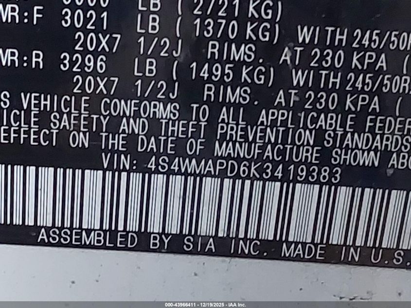 2019 Subaru Ascent Limited VIN: 4S4WMAPD6K3419383 Lot: 43966411