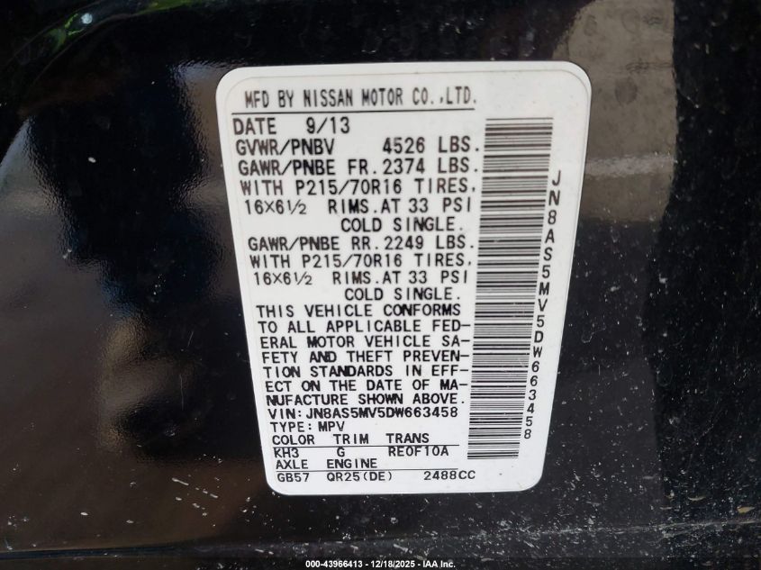 2013 Nissan Rogue S VIN: JN8AS5MV5DW663458 Lot: 43966413