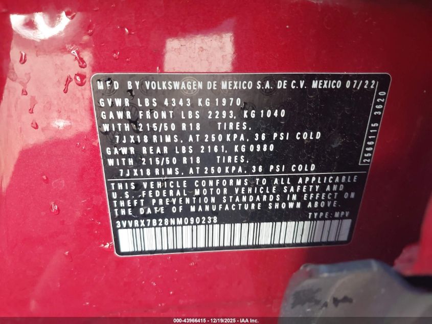 2022 Volkswagen Taos 1.5T Se VIN: 3VVRX7B28NM090238 Lot: 43966415
