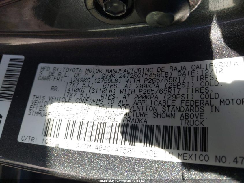 2011 Toyota Tacoma Base V6 VIN: 3TMMU4FN2BM030312 Lot: 43966416