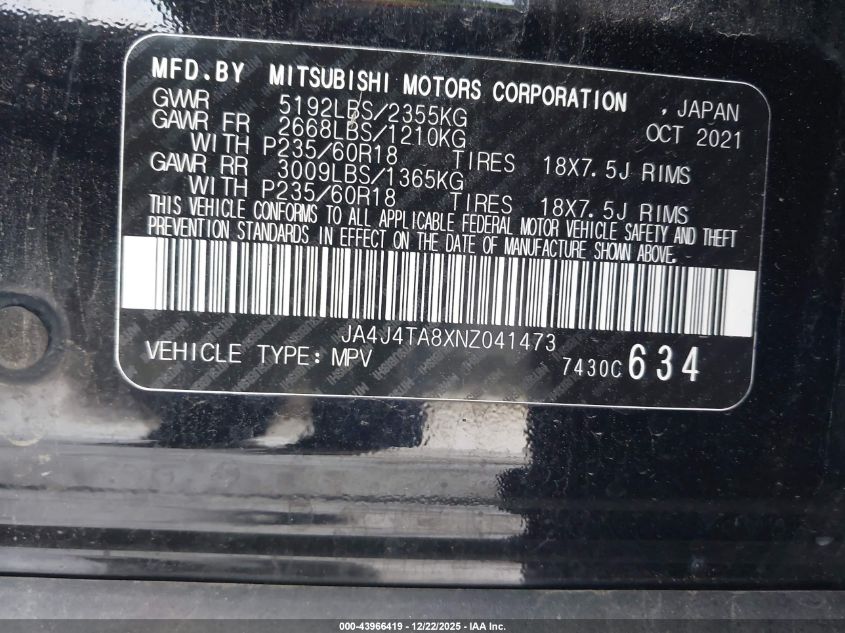 2022 Mitsubishi Outlander Es 2.5 S-Awc VIN: JA4J4TA8XNZ041473 Lot: 43966419