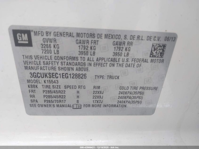 2014 Chevrolet Silverado 1500 2Lz VIN: 3GCUKSEC1EG128826 Lot: 43966421