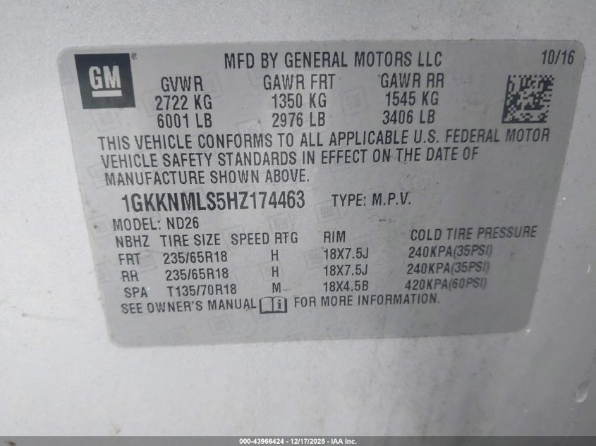 2017 GMC Acadia Slt-1 VIN: 1GKKNMLS5HZ174463 Lot: 43966424