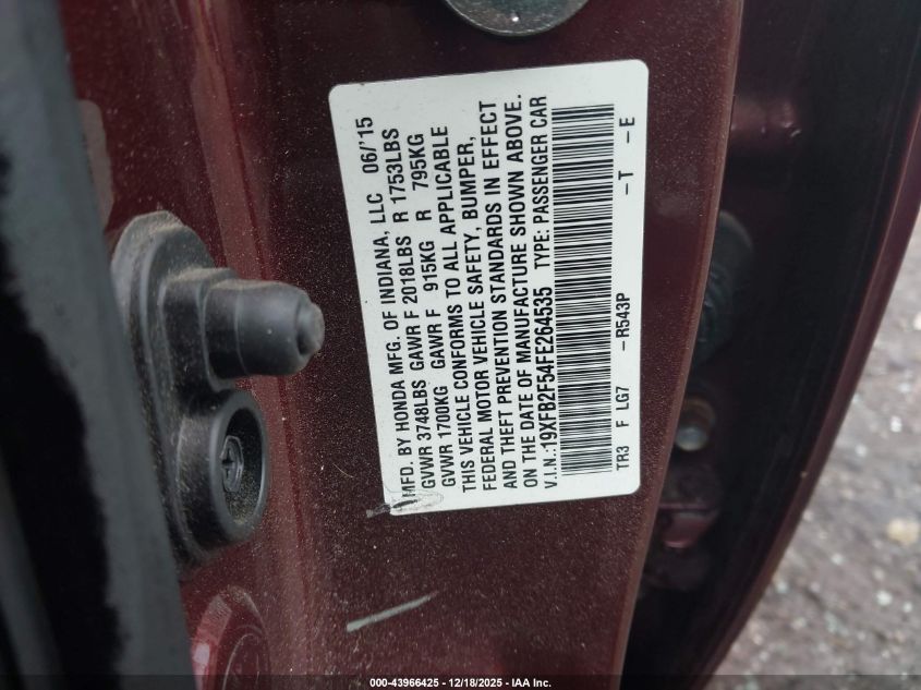 2015 Honda Civic Lx VIN: 19XFB2F54FE264535 Lot: 43966425