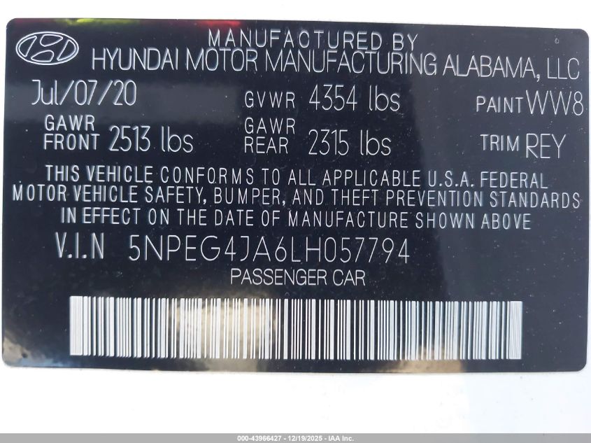 2020 Hyundai Sonata Se VIN: 5NPEG4JA6LH057794 Lot: 43966427