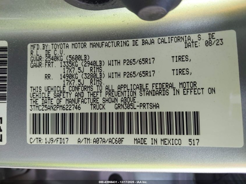 2023 Toyota Tacoma Trd Sport VIN: 3TMCZ5AN2PM622746 Lot: 43966431