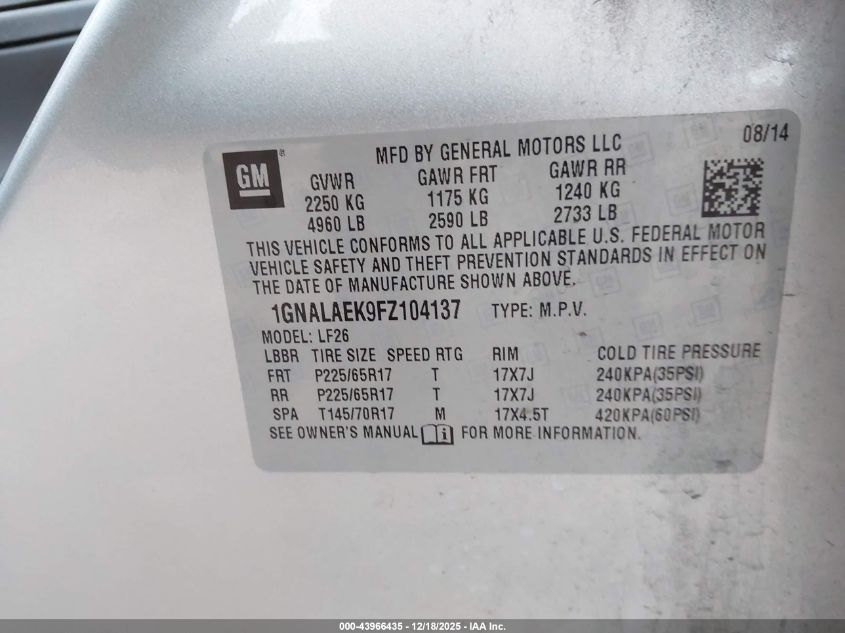 2015 Chevrolet Equinox Ls VIN: 1GNALAEK9FZ104137 Lot: 43966435