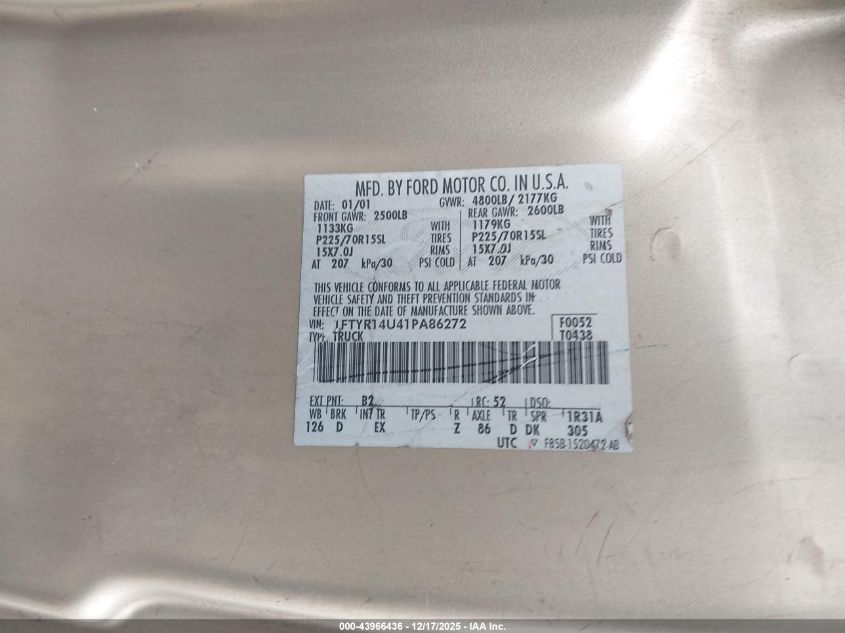 2001 Ford Ranger Edge/Xl/Xlt VIN: 1FTYR14U41PA86272 Lot: 43966436