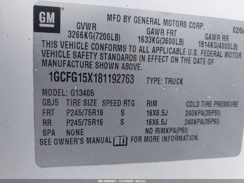 2008 Chevrolet Express Work Van VIN: 1GCFG15X181192763 Lot: 43966441