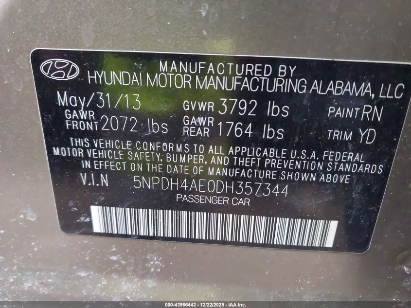 2013 Hyundai Elantra Gls VIN: 5NPDH4AE0DH357344 Lot: 43966442