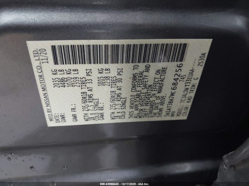 2021 Nissan Rogue Sv Fwd VIN: 5N1AT3BA7MC684256 Lot: 43966445