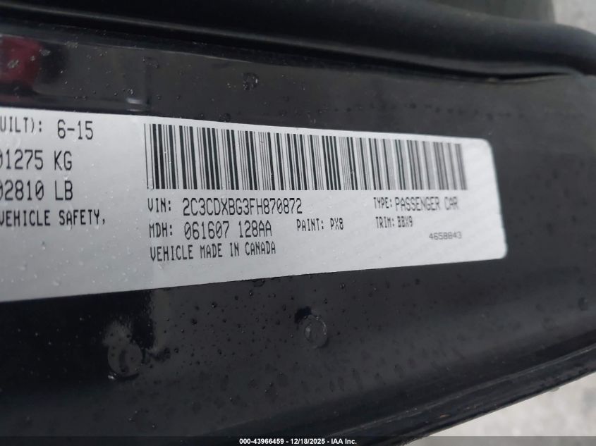 2015 Dodge Charger Se VIN: 2C3CDXBG3FH870872 Lot: 43966459