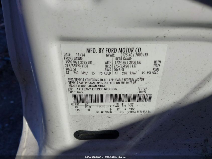 2015 Ford F-150 Platinum VIN: 1FTEW1EF2FFA07836 Lot: 43966460