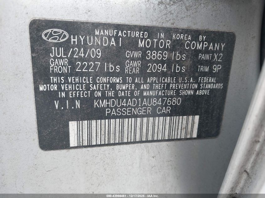 2010 Hyundai Elantra Se VIN: KMHDU4AD1AU847680 Lot: 43966461