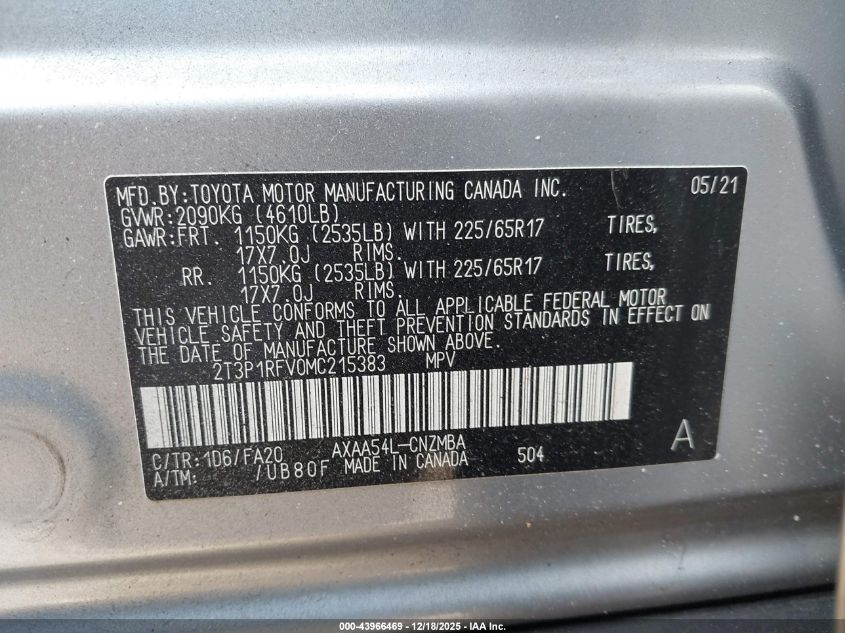 2021 Toyota Rav4 Xle VIN: 2T3P1RFV0MC215383 Lot: 43966469