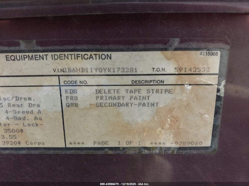 2000 Dodge Ram Van 1500 Conversion VIN: 2B6HB11Y0YK173281 Lot: 43966479