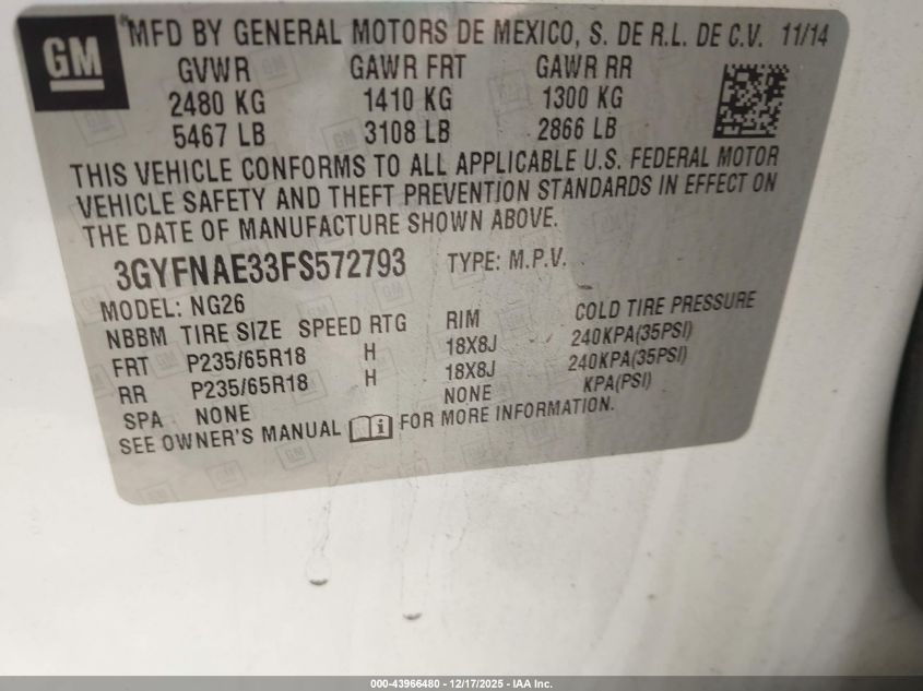 2015 Cadillac Srx Standard VIN: 3GYFNAE33FS572793 Lot: 43966480