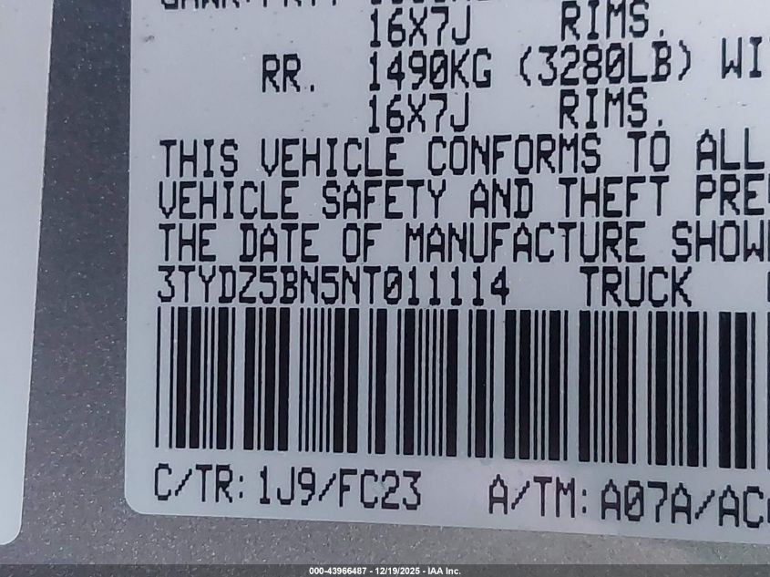 2022 Toyota Tacoma Sr5 V6 VIN: 3TYDZ5BN5NT011114 Lot: 43966487