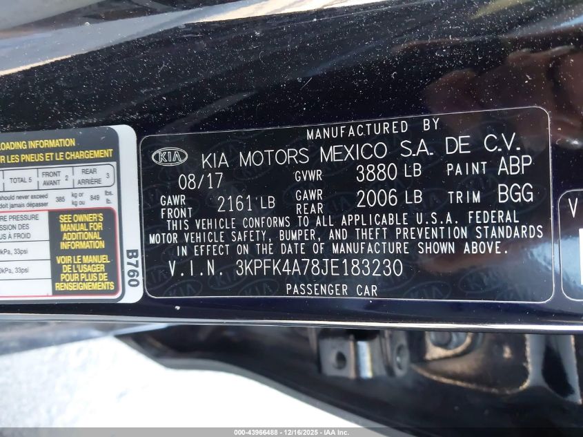 2018 Kia Forte Lx VIN: 3KPFK4A78JE183230 Lot: 43966488