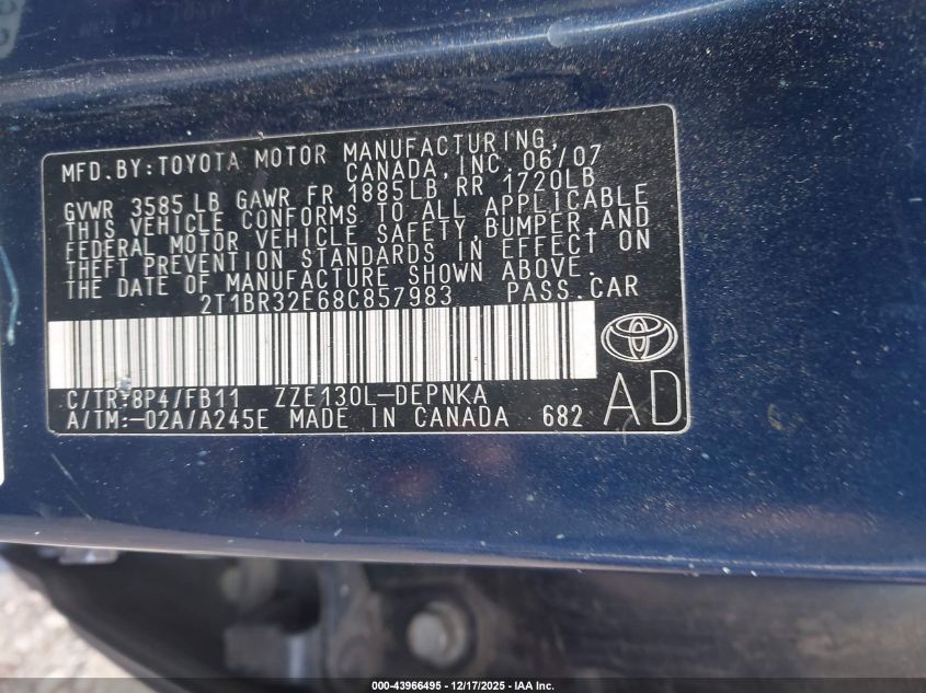 2008 Toyota Corolla Le VIN: 2T1BR32E68C857983 Lot: 43966495